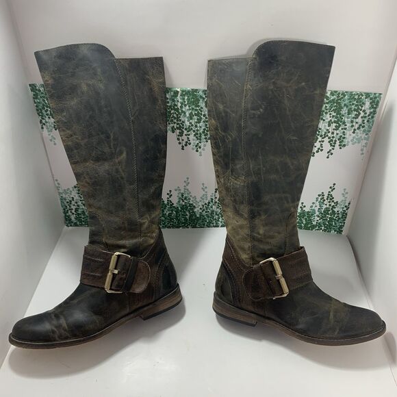 Spirit By Lucchese Leather Distress Brown Riding Boots Tall Calf Buckle Size 6.5 - Picture 2 of 16